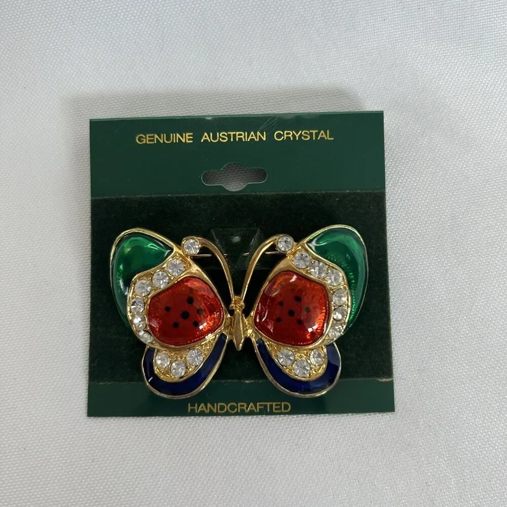 Vintage Genuine Austrian Crystal Butterfly Brooch Pin Handcrafted Colorful